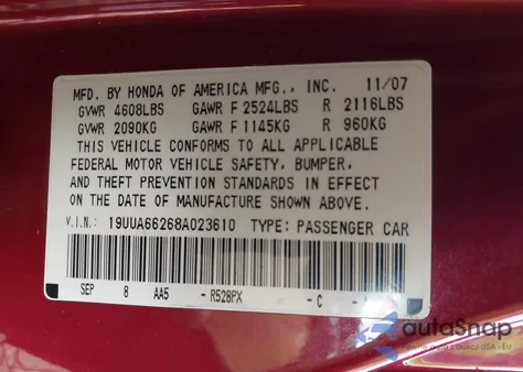 2008 Acura Tl 3.2 из США, поврежденный, VIN 19UUA66268A023610